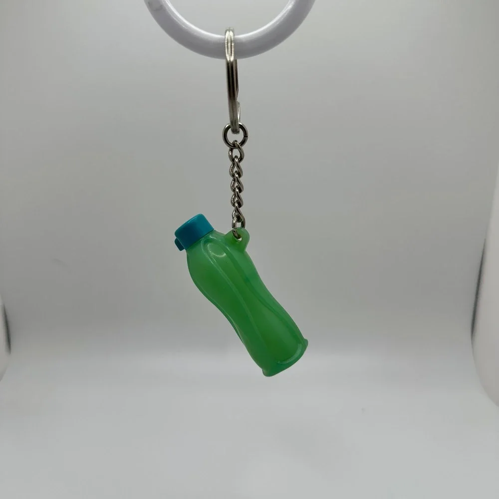 Tupperware Eco Water Bottle Keychain Lime Green Teal Blue Miniature Collectible